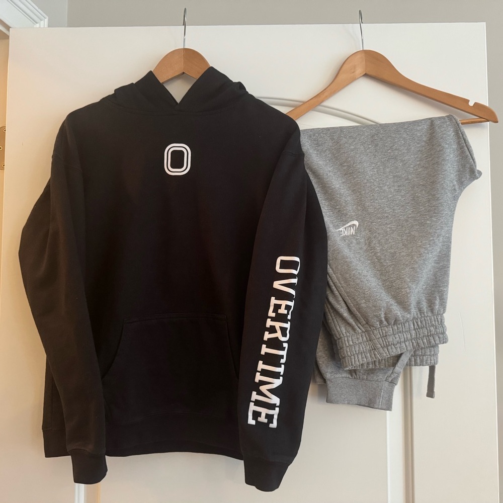 Youth XL black OVERTIME Hoodie & Gray NIKE joggers.